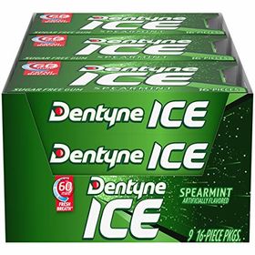 Spearmint 9-Pack Dentyne Ice Sugar- Gum Spearmint 16 Piece Pack of 9